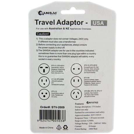 SANSAI 2 Outlet Travel Adaptor-USA,CANADA.. STV-2009