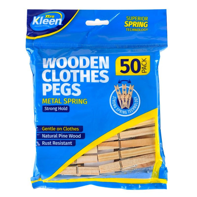 Xtra Kleen Wooden Clothes Pegs With Metal Spring 50Pcs 98187