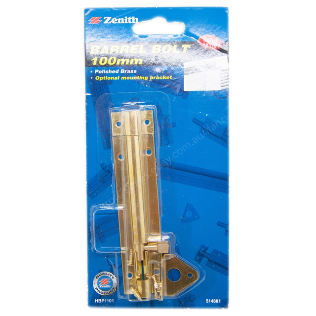 Zenith Barrel Bolt 100mm Solid Brass Polished Brass HBP1101