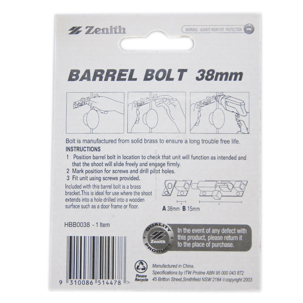 Zenith Barrel Bolt 38mm Solid Brass Chrome Plated HBB0038