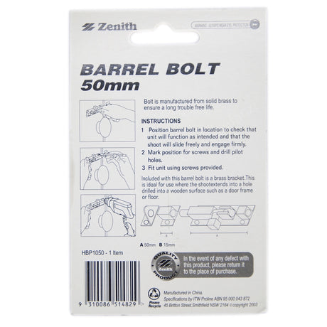 Zenith Barrel Bolt 50mm Solid Brass Polished Brass HBP1050