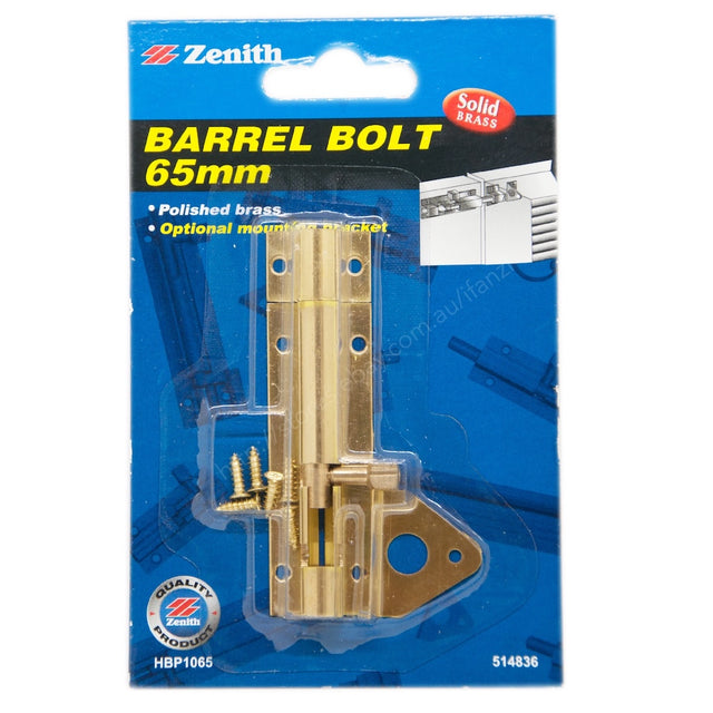 Zenith Barrel Bolt 65mm Solid Brass Polished Brass HBP1065