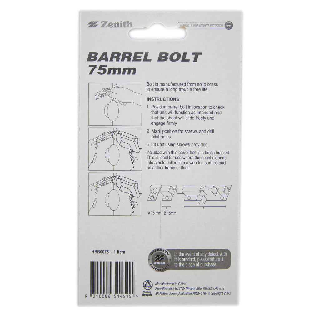 Zenith Barrel Bolt 75mm Solid Brass Chrome Plated HBB0076