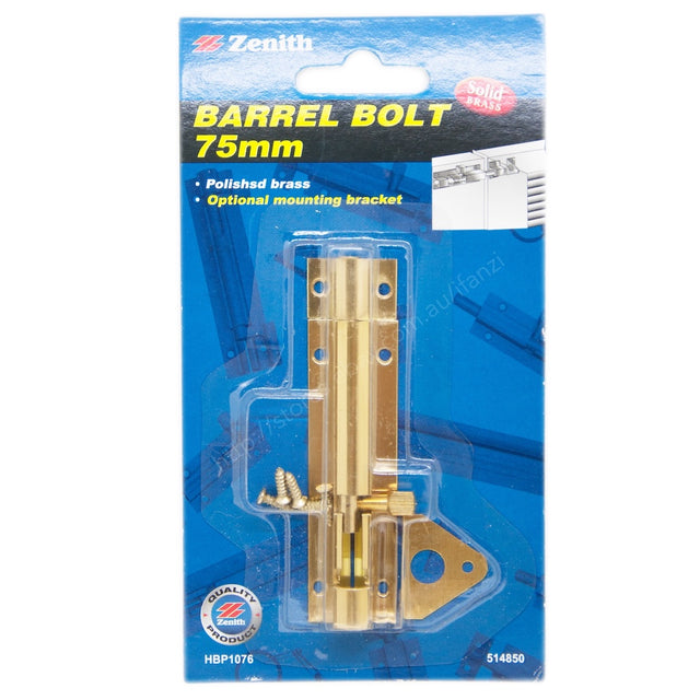 Zenith Barrel Bolt 75mm Solid Brass Polished Brass HBP1076