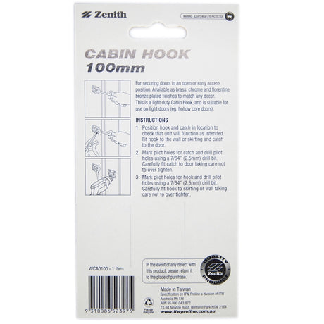 Zenith Cabin Hook 100mm Chrome Plated WCA0100