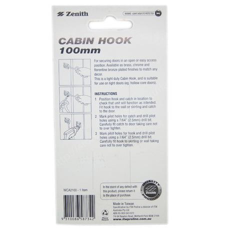 Zenith Cabin Hook 100mm Florentine Bronze WCA2100