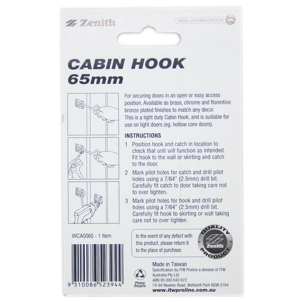 Zenith Cabin Hook 65mm Chrome Plated WCA0065