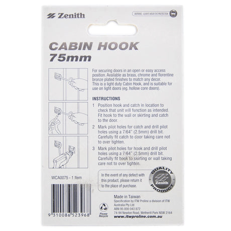 Zenith Cabin Hook 75mm Chrome Plated WCA0075