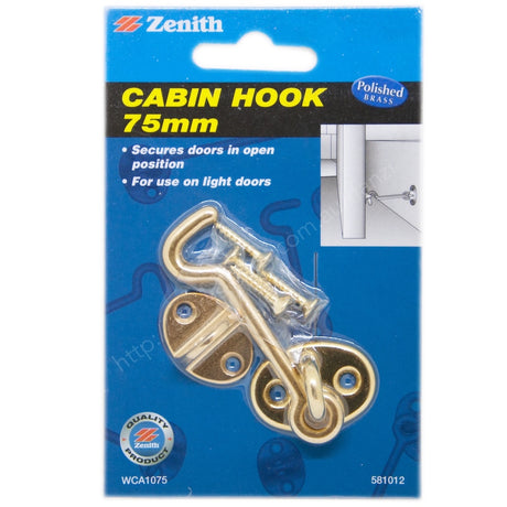 Zenith Cabin Hook 75mm Polished Brass WCA1075