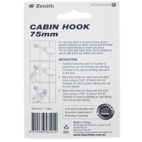 Zenith Cabin Hook 75mm Polished Brass WCA1075