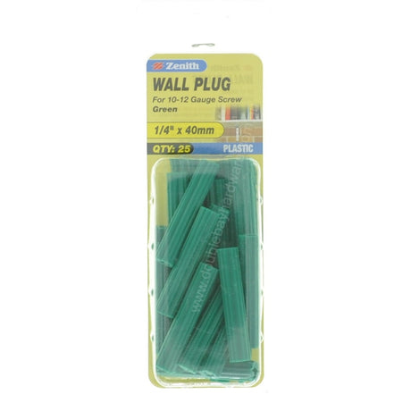 Zenith Wall Plug Green 1/4"x40mm For 10-12 Gauge Screw EAU0740