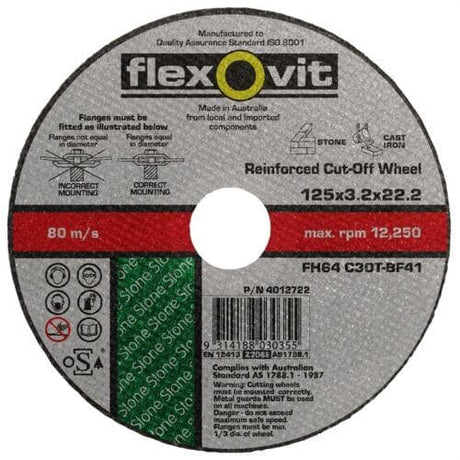 Flexovit CutOff Wheel Masonry Fits Most 125mm Angle Grinder 125x3.2x22.2 - Double Bay Hardware