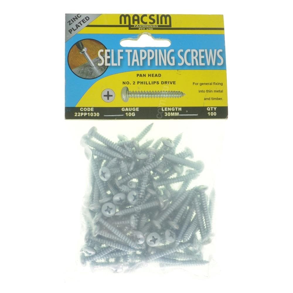 MACSIM 10Gx30mm PAN HEAD SELF TAPPING Screws Philips ZINC 22PP1030 - Double Bay Hardware