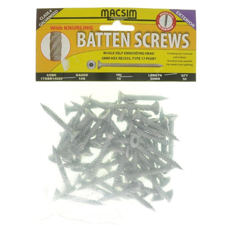 MACSIM 14G-10x50mm BATTEN Screw With Knurling Galvanised 17GBR14050 - Double Bay Hardware