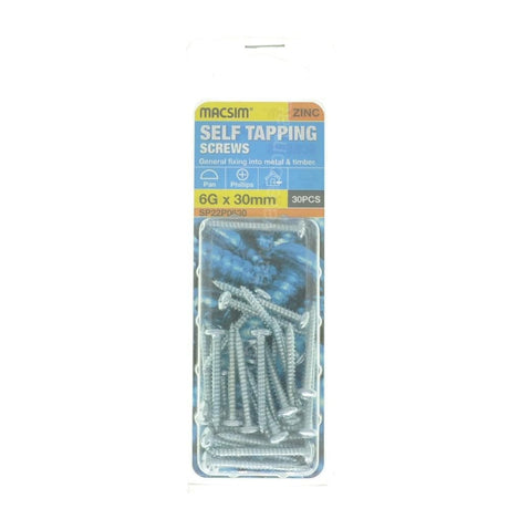 MACSIM 6Gx30mm PAN HEAD SELF TAPPING Screws Philips ZINC SP22P0630 - Double Bay Hardware