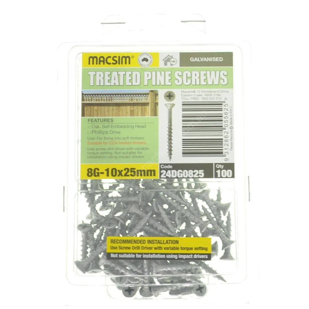 MACSIM 8G-10x25mm Countersunk TREATED PINE Screw Galvanised 24DG0825 - Double Bay Hardware