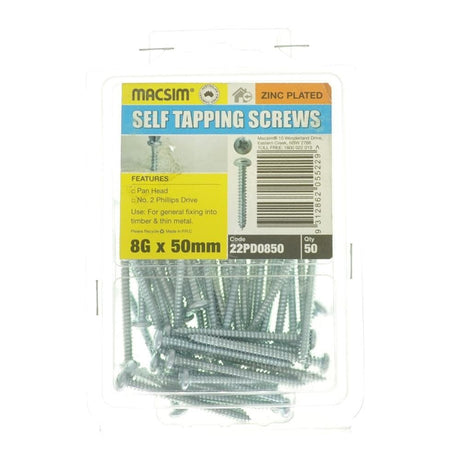 MACSIM 8Gx50mm PAN HEAD SELF TAPPING Screws Philips ZINC 22PD0850 - Double Bay Hardware