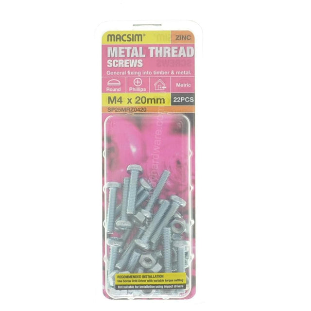 MACSIM M4x20mm METALTHREAD Screw Round Head Zinc SP25MRZ0420 - Double Bay Hardware