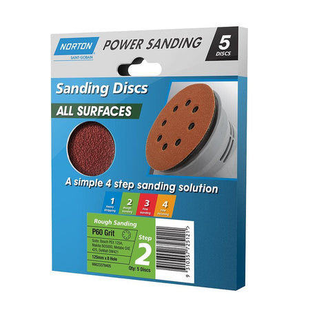 NORTON Sanding Discs All Surface P60 Grit 125mm x 8 Hole 5 Discs - Double Bay Hardware