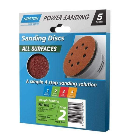 NORTON Sanding Discs All Surface P80 Grit 115mm x 8 Hole 5 Discs - Double Bay Hardware