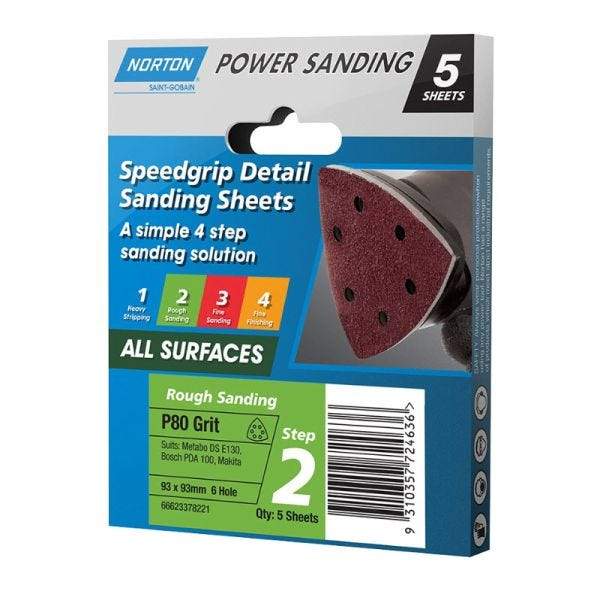 NORTON Speedgrip Detail Sanding Sheets P80 93x93mm 6 Holes 5 Sheets - Double Bay Hardware