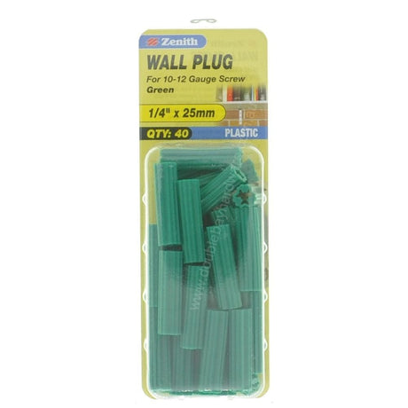 Zenith Wall Plug Green 1/4"x25mm For 10-12 Gauge Screw EAU0725 - Double Bay Hardware