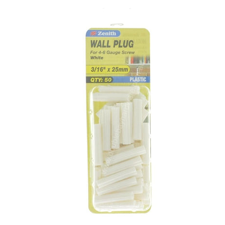 Zenith Wall Plug White 3/16"x25mm For 4-6 Gauge Screw EAU0225 - Double Bay Hardware